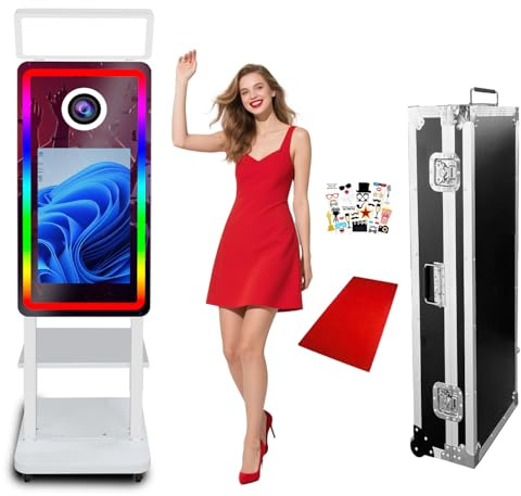 VANYA Magic Mirror Tragbare Fotobox mit 21,5 Touchscreen, Einstellbarer Beleuchtung, Sofortdruck, Foto-Spiegel-Kabine für Partys, Weihnachten, Hochzeiten (White, Photo Booth)