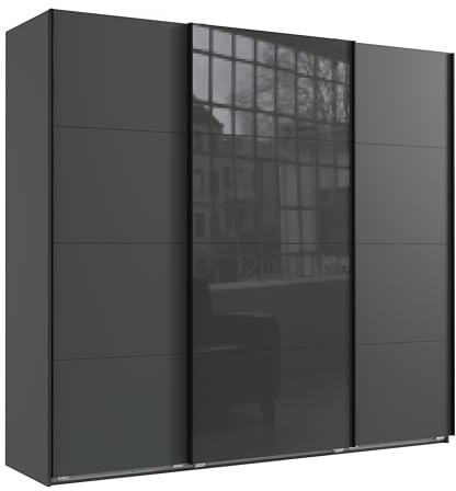 Geräumiger Schwebetürenschrank Kleiderschrank 3-türig B225/H208/T64 cm in Grafit, mittlere Tür mit Glasfront in Grau, inkl. einer Kleiderstange, 4 Einlegeböden und 2 Stoffboxen / 22523
