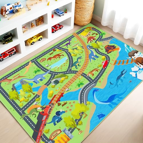 Rezutan Teppich Kinderzimmer, Dino Spielteppich Kinder für Junge,Waschbar & rutschfest Kinderteppiche für Spielzimmer, Kinderzimmer, Schlafzimmer, Klassenzimmer, 80X150cm