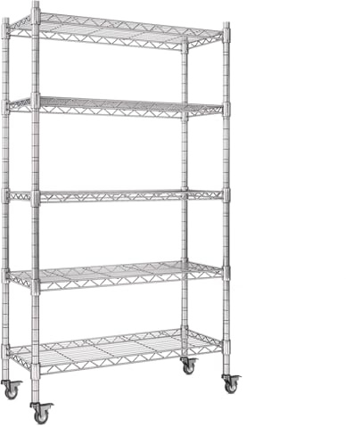 Étagère de Rangement en Métal,Rangement à 5 Niveaux Meuble,Avec roues et pieds réglables,Hauteur Ajustable,Étagère Rangement pour Cuisine,Garde-mange,Garage,charge max. 700 kg, Chromé, 84x 33x186cm