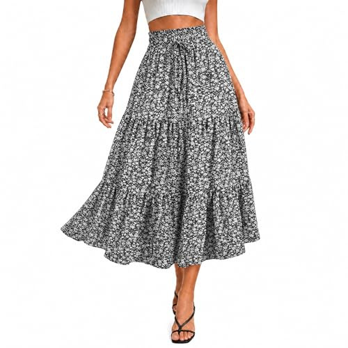Fiohiros Womens Floral Midi Skirt Summer Tiered Skirt, Lightweight Elastic Waist Boho Flowing Long Skirt Casual Beach Skirt (UK, Alpha, S, Regular, Regular, Black White Flower)