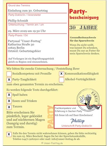 Einladungen zum Geburtstag Männer Frauen lustig jedes Alter möglich 40 50 | 60, als digitale Karte (ein JPG Foto) oder gedruckt auf Feinstkarton, 1 - 200 Karten