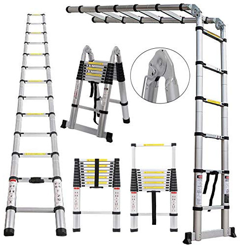 Scala telescopica in alluminio da 5 m, con telaio ad A, pieghevole, multiuso, resistente, compatta, con barra di supporto, capacità di carico di 150 kg, antiscivolo, per casa, ufficio, nero/argento