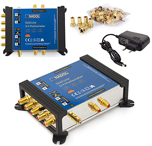 [ Test 2X SEHR GUT *] Anadol Gold Line Multischalter 5/4 für Satellit Multiswitch für 1 Satelliten und 4 Ausgänge/Sat Receiver - Sat-Verteiler mit Netzteil - 9 vergoldete F-Stecker gratis