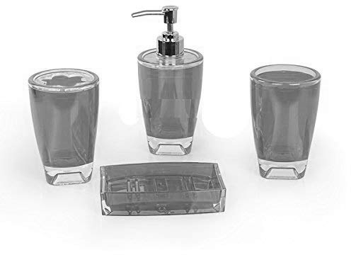 Fingey Modern Design 4 Piece Bathroom Accessory Set, Soap Dish, Tooth Brush Holder, Soap Dispenser, Rinse Cup (Grey)