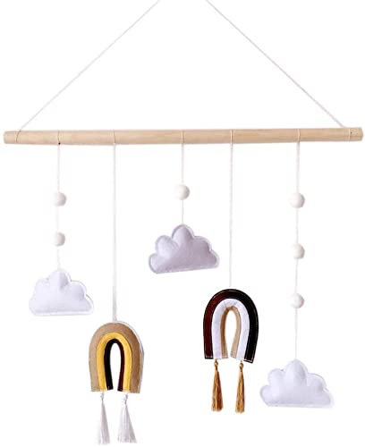 SoulQool Wolkenregenbogen-Hängedekoration mit Holzstäbchen, Decken-Mobile Ornamente für Kinder, Spielzelt, Schlafzimmer, Wand, Betthimmel, Wanddekoration, Kinderspielhaus, Spielzeug (Kaffee)