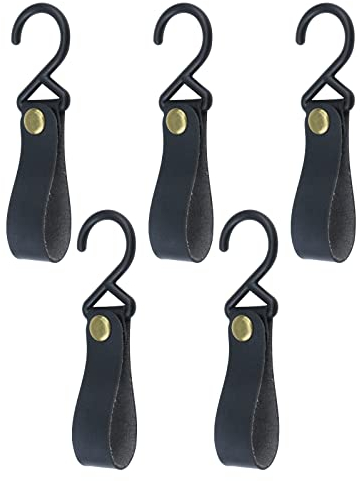 Dnyta S-Haken aus schwarzem Leder, 5 Stück, ohne Bohren, zum Aufhängen, Lederriemen mit Haken, Anti-Drop-Funktionale S-Haken zum Aufhängen von Schrank, Töpfen, Pfannen