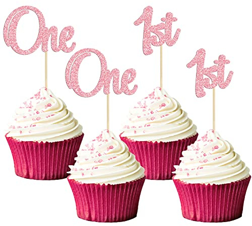 Gyufise 24Pcs One Cupcake Toppers Pink Glitter One Cake Toppers 1st Birthday Cupcake Picks for Baby Shower First Birthday Party Cake Decorations Supplies
