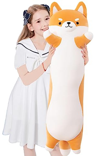 Aiuidun Long Shiba Inu Plush Body Pillow Giant Stuffed Animal Corgi Dog Plush Toys Hugging Pillow, Soft Long Dog Sleeping Cushion Gifts for Girls Boys (Yellow, 70cm/27.5inch)