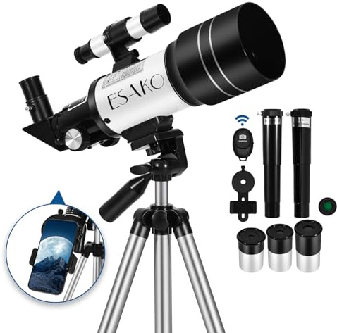 ESAKO Telescope for Kids & Beginners, 70mm Aperture Portable Telescopes with 3 Eyepieces, Height Adjustable Tripod & Phone Adapter & Remote Control Gift for Christmas