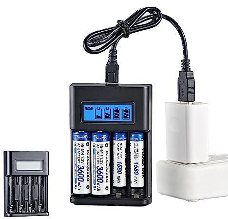 Tsuchiya Caricabatterie AA | Caricabatterie AA AAA a 4 alloggiamenti,Ingresso USB Ricarica Rapida e Slot di Ricarica Indipendente con Display LCD Intelligente Caricabatterie per batterie NiMH AA/AAA