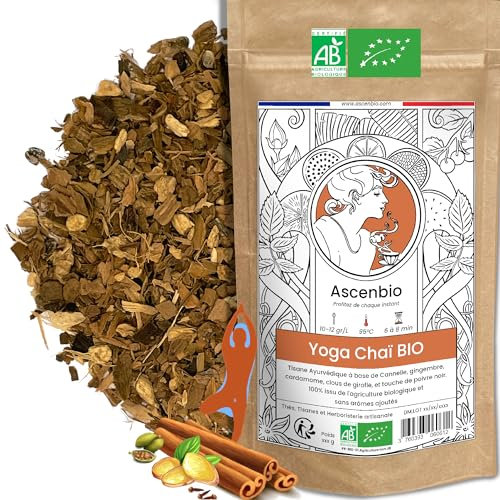 Ascenbio ✿ Infusion Yoga Chai BIO ✿ Tisane Ayurvédique ✿ Saveurs Cannelle Gingembre Epices ✿ 180g vrac ✿ Préparé et conditionné en France ✿ Emballage biodégradable