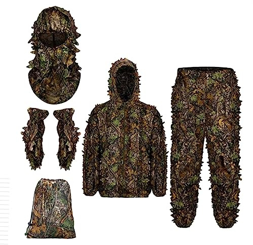 Ioensy Conjunto de Camuflaje para Hombre, Traje táctico con Capucha 3D Leafy, Guantes y máscara Facial Completa para Juegos al Aire Libre