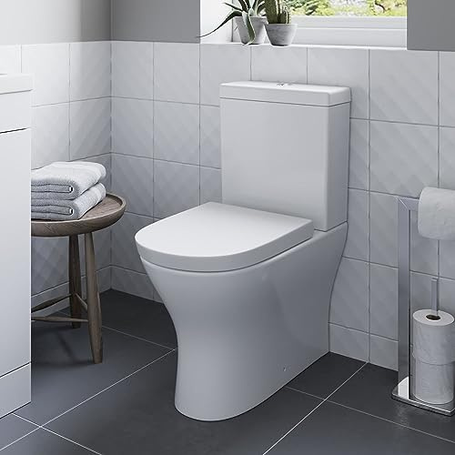 Affine® Arles Modern Bathroom Cloakroom Close Coupled Back to Wall BTW Rimless Toilet WC Toilets Soft Close Seat Dual Flush Cistern D Shape Pan, White Gloss