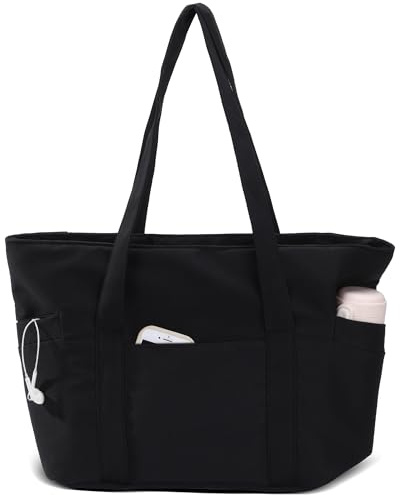 CTWWFS Large Tote Bag for Women, Nylon Lightweight Tote Bag with Zipper, Work Tote with 15.6 Laptop Sleeve, Nurse Teacher Bag for Work & College (Black)
