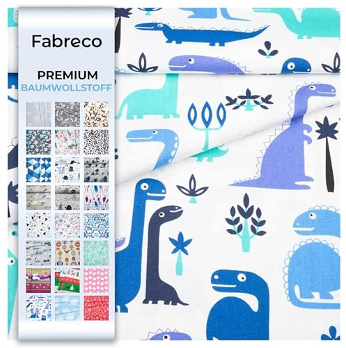 Fabreco - 100% Premium Baumwollstoff Meterware 50x160cm - blaue Dinosaurier | 220 g/lfm – Weich, langlebig & hautfreundlich | Stoffe Zum Nähen & Dekoration | Stoff Meterware - Fabric