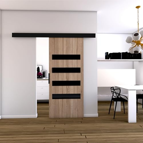 MINIO go for it - Schiebetüren 106 cm, Schiebetür Zimmertür PRIM F, Schiebetürsystem für Zimmer, Dekorative Elemente, Wandmontage, Türe Innen - Schwarz/Schwarzer Griff, Sonoma Eiche/Schwarz