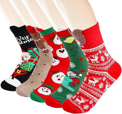 DERAYEE Chaussettes de Noël Colorées en Coton Doux Lot de 5 Paires,Lot de Chaussettes de Noël pour Toute la Famille Motifs Variés,Chaussettes de Noël pour la Maison