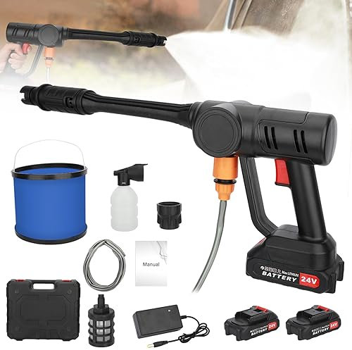 Cordless Pressure Washer, 24V Portable Lightweight Pressure Washer, Jet Washer Kit with 3 Nozzles & 2 * 1500mAh Batteries, for Cars Fences Floor Cleaning Garden Watering(Black 725PSI)