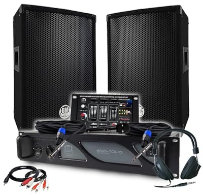 Pack Sono DJ BM Bmsonic Amplificador 1000 W, par de altavoces pasivos 2 x 300 W, mesa mezcladora, auriculares DJ, cables y micrófono