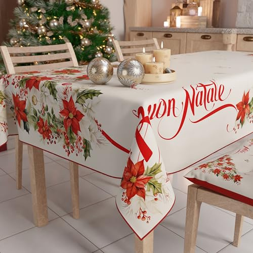 PETTI Artigiani Italiani - Tovaglia Natalizia Antimacchia Rettangolare Copritavolo Natalizio Cucina Disegno Buon Natale X12 Posti (140x240 cm) 100% Made in Italy
