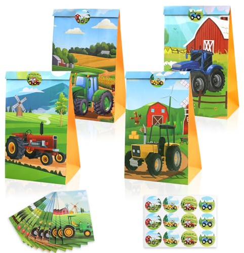 12 Stück Tüten Kindergeburtstag,Geschenktüten,Mitgebsel Tüten | mit Traktor und 12 Aufklebern zum Befüllen, Süßigkeiten, Snacks,, für Kindergeburtstag,Bauernhof Party