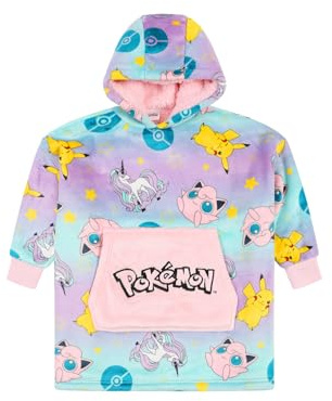 Pokémon AOP Sweat à capuche en polaire de luxe entièrement doublé pour filles, couverture polaire surdimensionnée Pikachu pour enfants Rose, rose, 3-7 ans