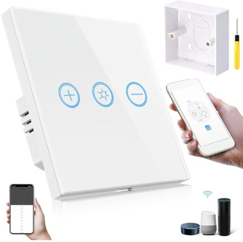 Acmerota Smart Light Switch Single WiFi Dimmer Touch Switch Alexa Light Switch (Neutral Wire Required) 1Gang White Glass Panel Wall Switches, Work with Alexa/Google, Tuya APP