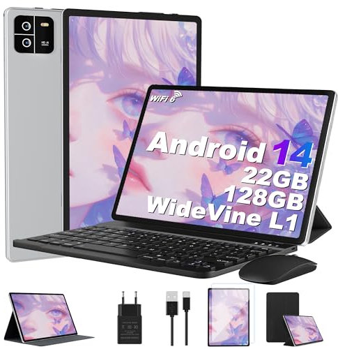 MIRGAMO Tablet 10 Pollici Android 22GB RAM+128GB ROM(TF 1TB),Octa-Core,8000mAh,Widevine L1,WiFi,GPS,1920 * 1200 FHD,16+8MP,2 in 1 Tablet PC con Tastiera e Mouse-Argenteo
