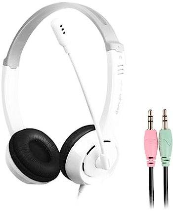 Angoily Casque Pc Filaire Bruit Micro Ajustable Bandeau Léger Et Coussin Oreille Confortable pour Ordinateur De Bureau Et Portable Blanc