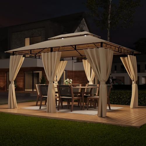 TRIUMPHKEY Pavillon 3x4 Wasserdicht Stabil Winterfest, Garten Pavillion mit seitenwänden, UV-Schutz 50+, Plane Gartenlaube, Metallrahmen Pavillon, Patio Gazebo, Beige mit LED