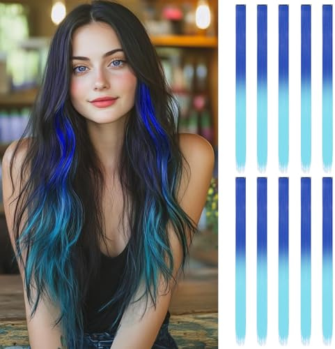 10 ciocche di capello da agganciare | 55 cm clip colorate | accessori per capelli per ragazze (blu mare e azzurro)