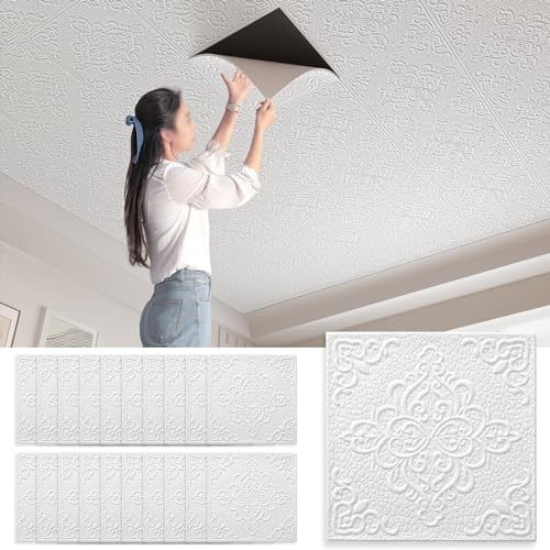 Papier peint pour plafond Autocollants 3D en PVC - 20 pièces 35 x 35 cm - Autocollant mural moderne imperméable pour plafond - Pour chambre à coucher et salon - Motif A