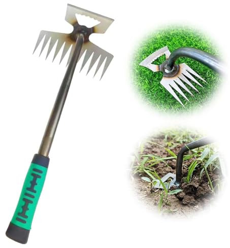 2025 Neu Unkrautstecher Edelstahl, Gartengeräte Wurzeljäter, Gartenwerkzeug Manuelles Unkrautjätgerät aus Edelstahl, Manueller Weeder Löwenzahnzieher Rasenmäher für den Garten Rasen Hof (11 Zinken)