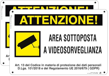 Cartello Attenzione Area videosorvegliata Avviso - 30x20cm 100% Made in Italy - 2 Pz Plastica Resistente UV Impermeabile