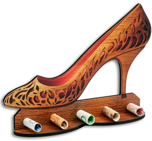 DRO Design Geldgeschenke, Geschenkverpackung Holz-Optik High Heels Motiv – Bargeldgeschenk, Geldpräsent, Kreatives Geldgeschenk, Geburtstag, Hochzeit, Weihnachten