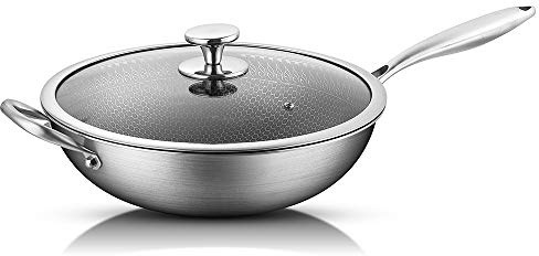 BRAVECOW Wok induktion 32cm,316 Edelstahl wokpfanne, Mit deckel undEdelstahl griff,Wabenstruktur,Antihaftbeschichtung,Geeignet für Spülmaschine und Backofen,Kompatibel mit allen Herdarten