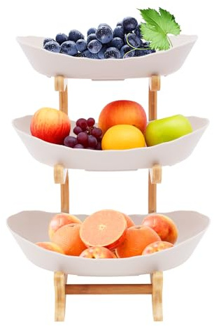Trippel frukttallrik, 3-stegs fruktskål av bambuträ & livsmedelssäker PP, Yuanbao-design med halkfri bas, 3 olika stora skålar (22,5 x 14 x 32 cm), för frukt, snacks och dekoration (beige)