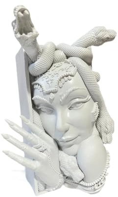 Statue mit Schlangengesicht, Medusa-Kopf, Buchstütze, Ornament, dekorativ, Weiß