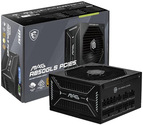 MSI mag A850GLS PCIE5 ATX 3.1 Fuente de alimentación para Juegos - Full Modular - 80 Plus Gold Certified 850W - Condensadores 100% japoneses 105°C - ATX PSU - Garantía de 10 años