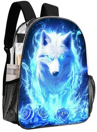 peiyeety Tagesrucksack, Büchertasche, Diebstahlschutz, Mehrzweck, große Kapazität, Büchertasche – Blau, Feuer, Flamme, Rose, Wolf, Reise, Wandern & Camping, Rucksack, transparente Tasche