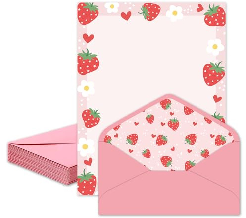 Whaline 30 Pcs Strawberry Stationery Set with Envelopes Stickers Pink Berry Fruit Letter Writing Paper for Invitation Gift Decoration Birthday Party Baby Shower, 8.5 x 11 Inch