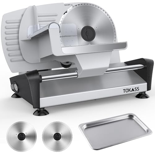 200 Watt Affettatrice elettrica da in acciaio inox, per Uso Domestico con 2 Pezzi Lame in Acciaio Inox da 7,5'', Taglia Salumi Elettrico, ad Alto Spessore per Carne, Formaggio (Aggiornamento DC MOTOR)