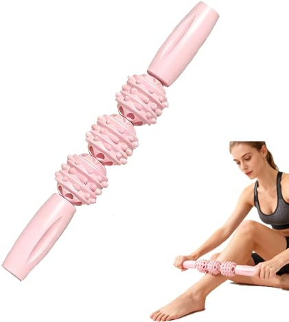 Muscle Roller Stick, Massage Roller for Legs 3 Rollers & Non-Slip Handles, Muscle Roller Suitable for Deep Tissue Massages and Muscle Relaxation, Massage Stick Relieve Soreness, 30×4.5cm, Pink