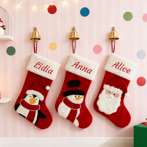 Generisch 2 PCS Personalisiert Weihnachtsstrumpf, Namensstickerei, 44 cm | Roter Samtstoff Nikolausstrumpf mit Weihnachtsmann & Schneemann & Pinguin, Familien-Weihnachtsdeko, 17zoll