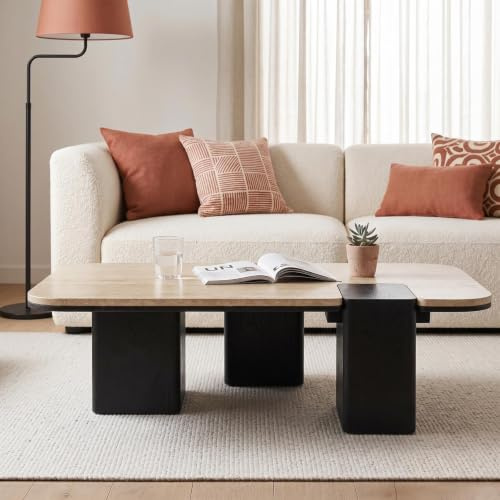 IDIMEX Couchtisch SURAT mit doppelter Tischplatte aus Mangoholz und Travertin, 100 x 27 x 60 cm, Beige/Schwarz - Moderner Wohnzimmertisch mit eingefasster Tischplatte Clubtisch, Coffee Table