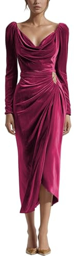 Generisch Vestido de terciopelo para mujer con cuello en cascada - Elegante vestido midi con drapeado y dobladillo asimétrico | Vestido de noche festivo de manga larga, Style_z03 Rojo, S