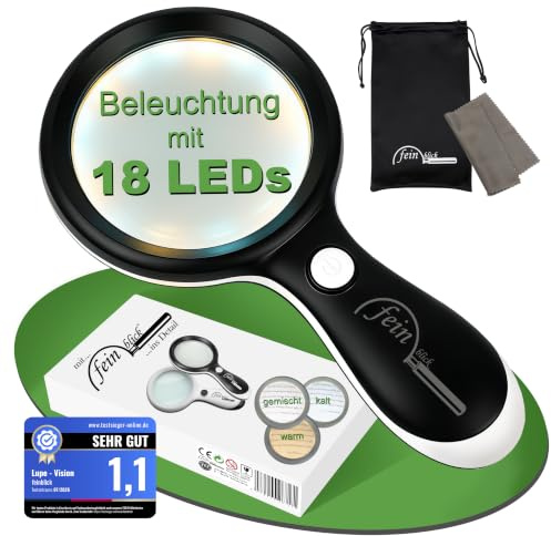 FEINBLICK Große Lupe mit Licht, Beleuchtung 18 LED, kalt/warm