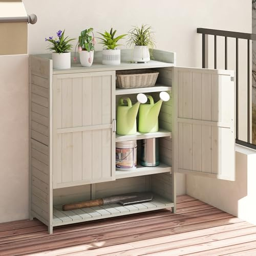 COSTWAY Pflanztisch Outdoor wetterfest, Gärtnertisch Holz, Blumentisch mit Unterschrank, Abfalleimer & verstellbarem Regal, Gärtnertisch für Garten Terrasse Hof, 102 x 43,5 x 152 cm, Natur