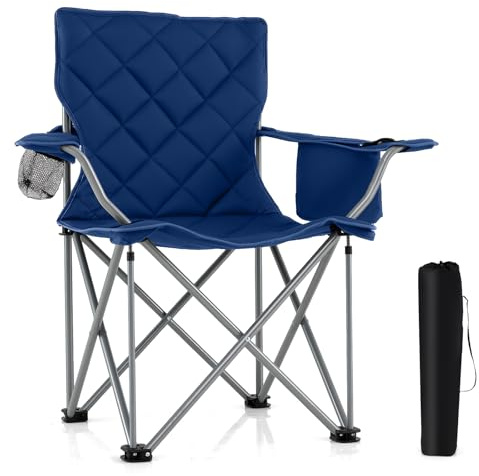 FANTASK Campingstuhl, XXL Klappstuhl 227 kg belastbar gepolstert, übergroßer Angelstuhl mit integrierter Kühltasche, Getränkehalter, Faltbarer Freizeitstuhl für Camping, Picknick, Garten, Grau (Navy)